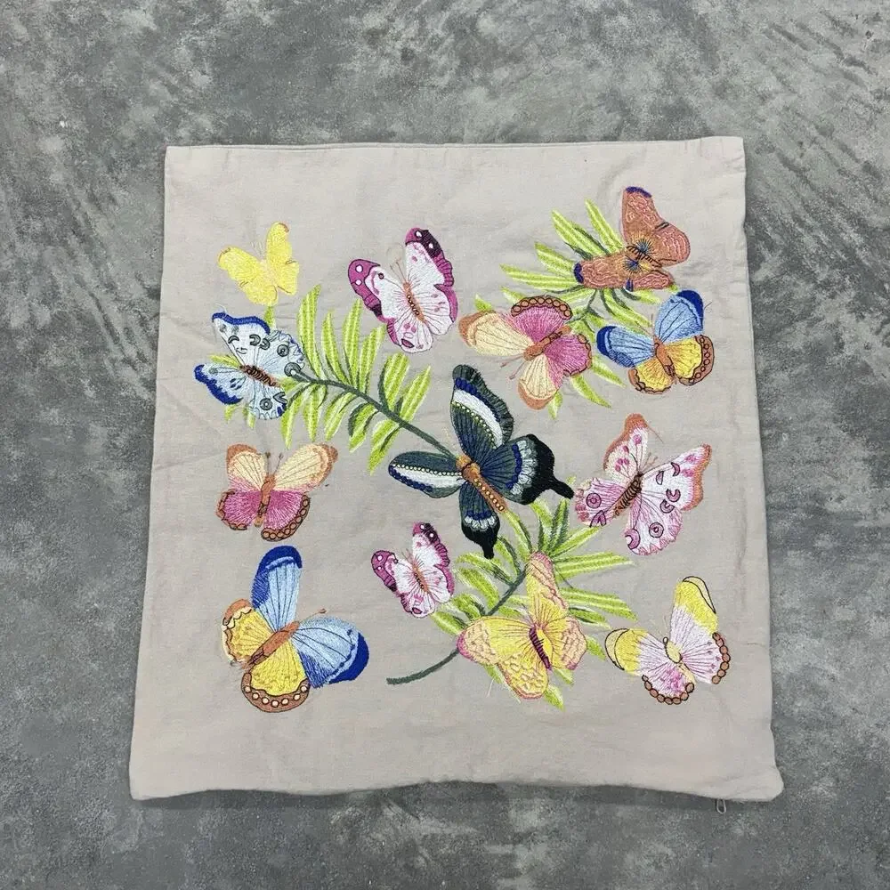Magaschoni Home Embroidered Butterfly 20 in Square Pillow Case Zip Cotton Beige